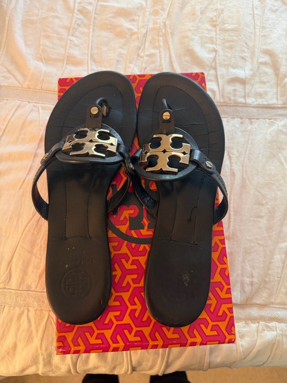 Tory Burch Black Miller Sandal with Gold Logo Medallion Size 8.5